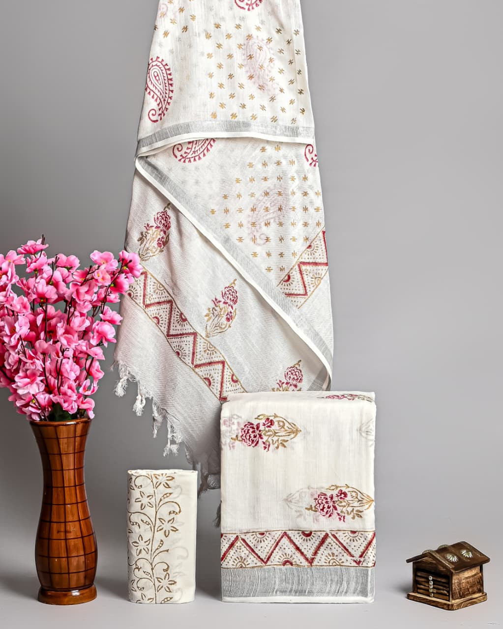 White  Hand Block Printed Unstitched Suit Set (Maroon Floral )