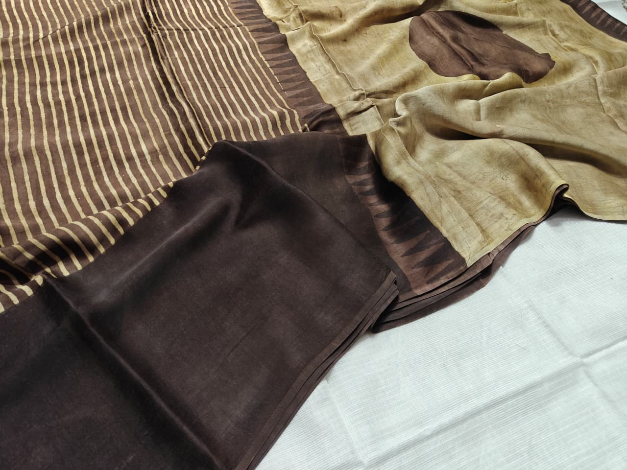 Brown and Beige Hand Block Print Modal Silk Saree with printed blouse