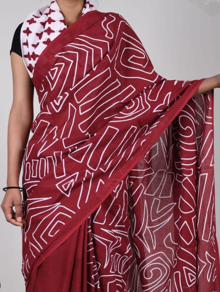 Maroon and white hand block printed mulmul cotton saree.