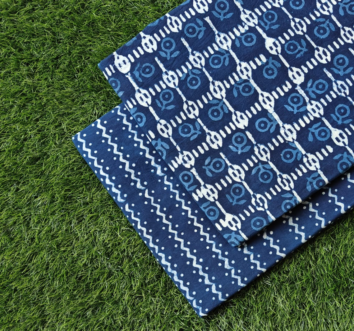 Indigo Circle Weave – Cotton (60×60) Cambric Bagru Dabu Geometric Print Suit Set | Top 2.50 MTR + Bottom 2.50 MTR