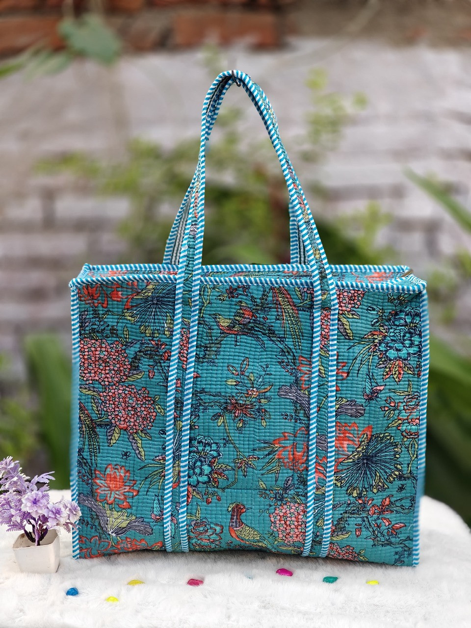 Turquoise Tropics Quilted Cotton Tote Bag
