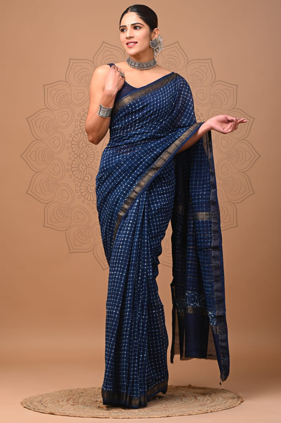 Royal Blue Checked Maheshwari Silk Saree with a Gold Zari Border and Hand Block Print.