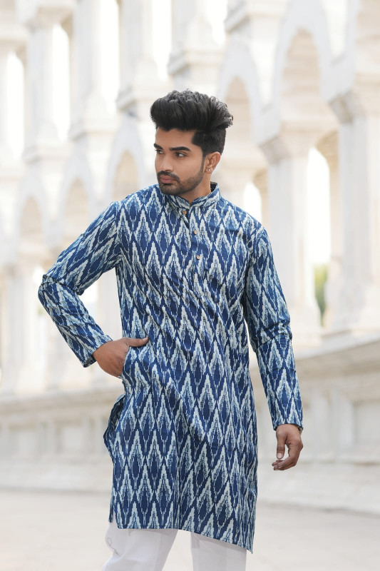 Indigo Blue Ikat Printed Men's Cotton Kurta