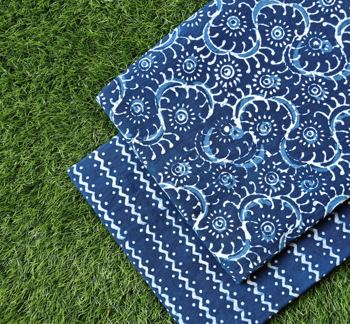 Indigo Blue Dabu & Bagru Hand-Block Printed Cotton (60/60) Cambric Unstitched Suit Fabric Set