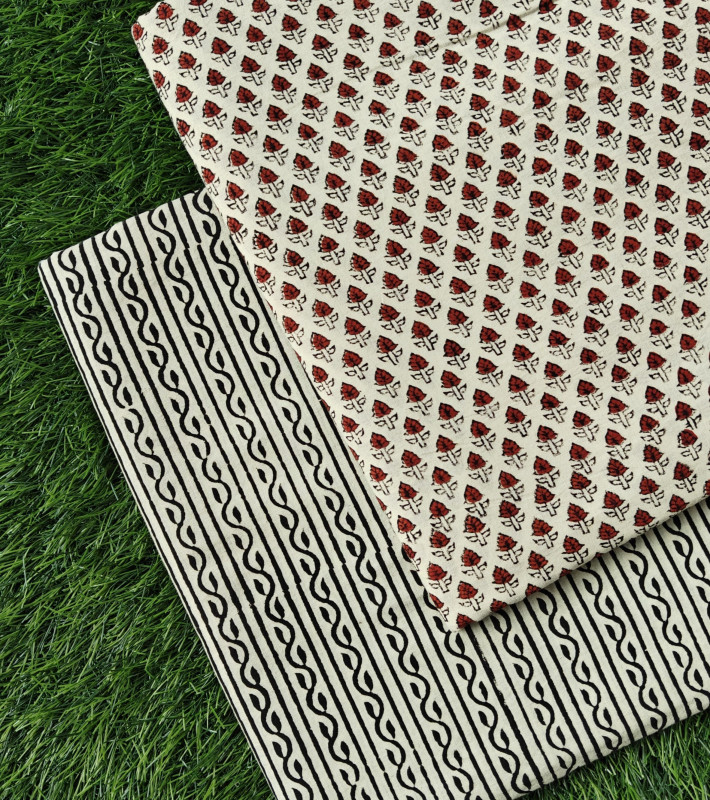 Red & Black/White Hand-Block Printed Cotton (60/60) Cambric Unstitched Suit Fabric Set