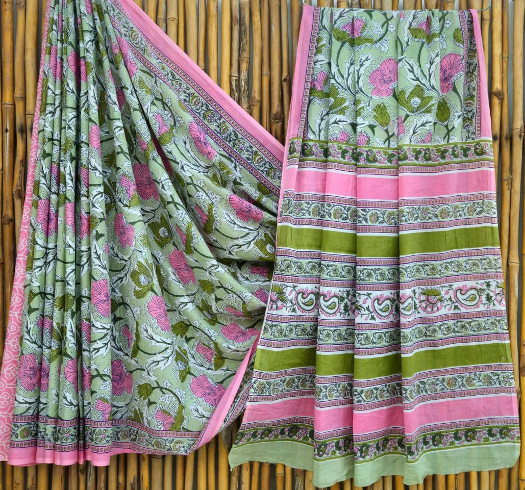 Green & Pink Hand Block Printed 100% Pure Mulmul Cotton Saree (6.5 Mtrs, 92*80)