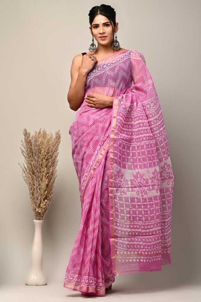 Pink Kota Doria Saree Handmade Dabu/Bagru Hand Block Printed