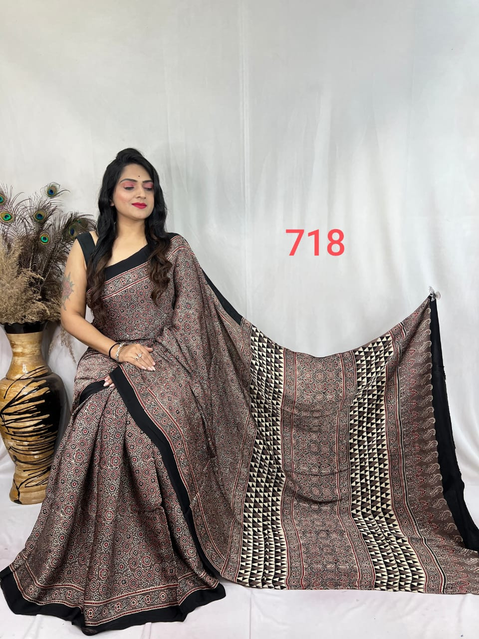 Brown & Black Ajrakh Hand Block Print Modal Silk Saree.