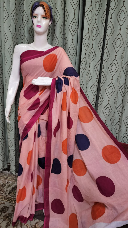 Vibrant Peach Pink Cotton Saree with Multicolored Bold Polka Dots and Maroon Border.