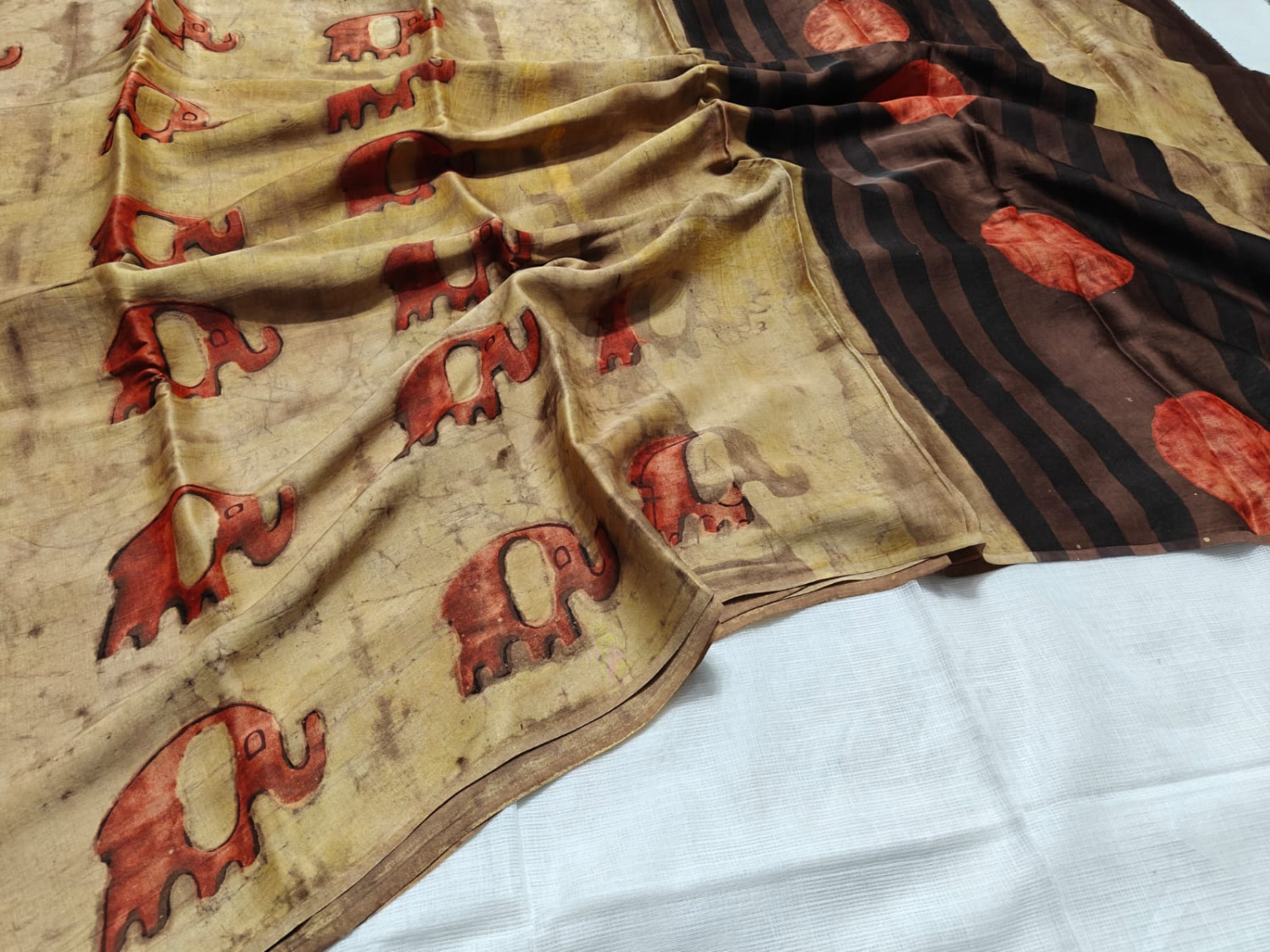 Desert Beige Elephant Motif Hand Block Print Pure Modal Silk Saree