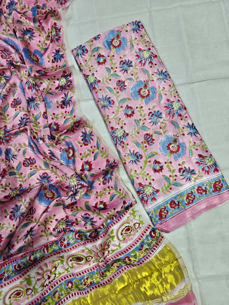 Pink floral Chanderi silk saree with multicolor weaving and golden zari border