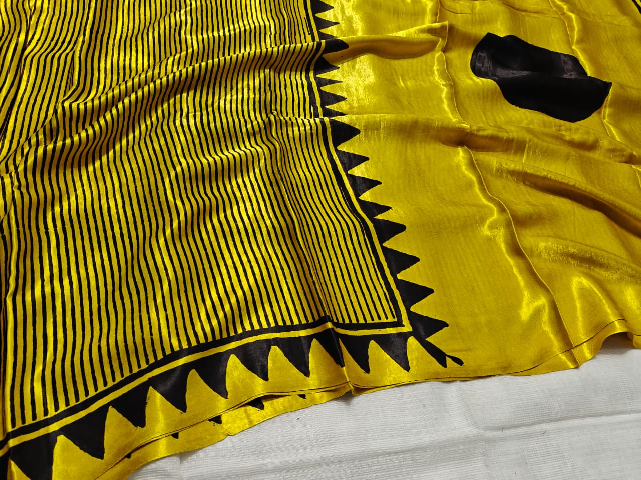 Yellow and black striped hand block printed modal silk saree