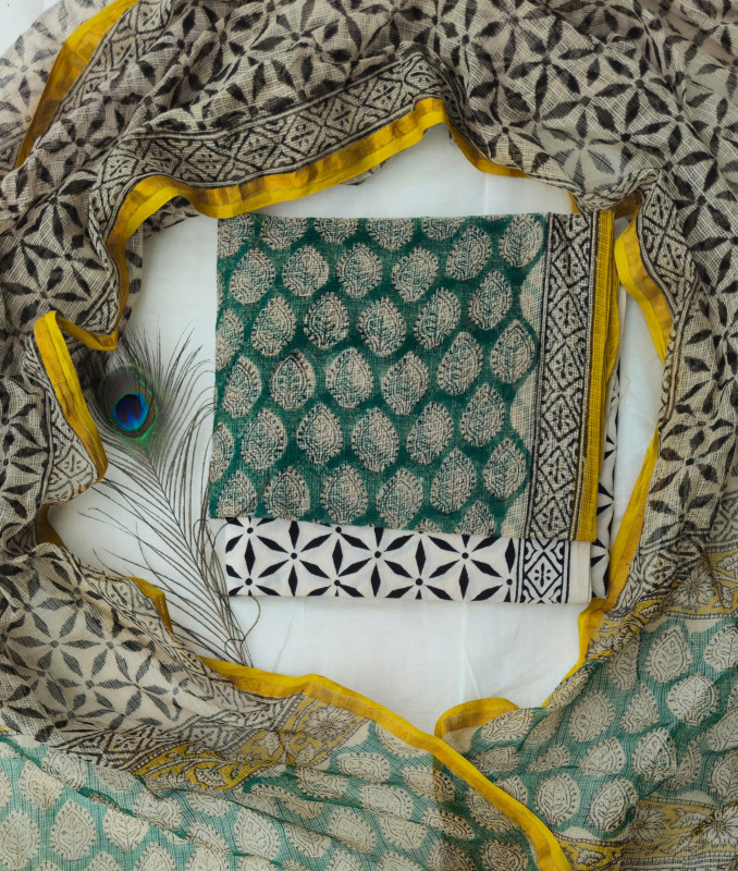 Black and White Floral Handblock Printed Cotton Kota Doria     2.5m top & dupatta and 2.5m cotton cambric bottom
