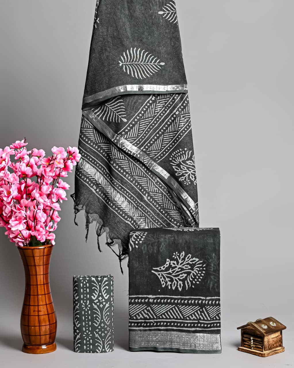 Black and White Hand Block Printed Linen Cotton Unstitched Suit