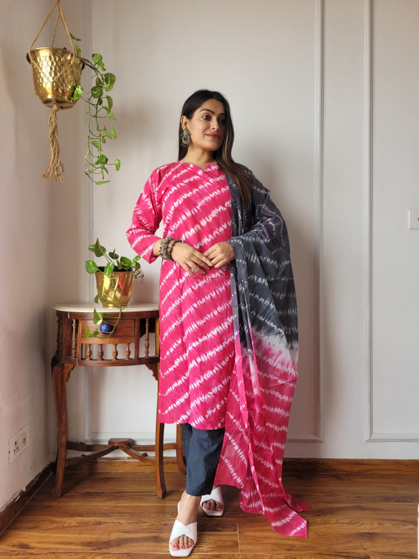 hot pink and dark grey tie-dye or shibori print cotton suit set (kurta, pants, and dupatta)