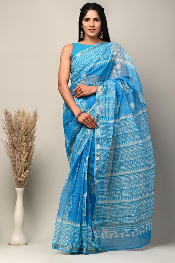 Blue Hand Block Printed Kota Doria Saree