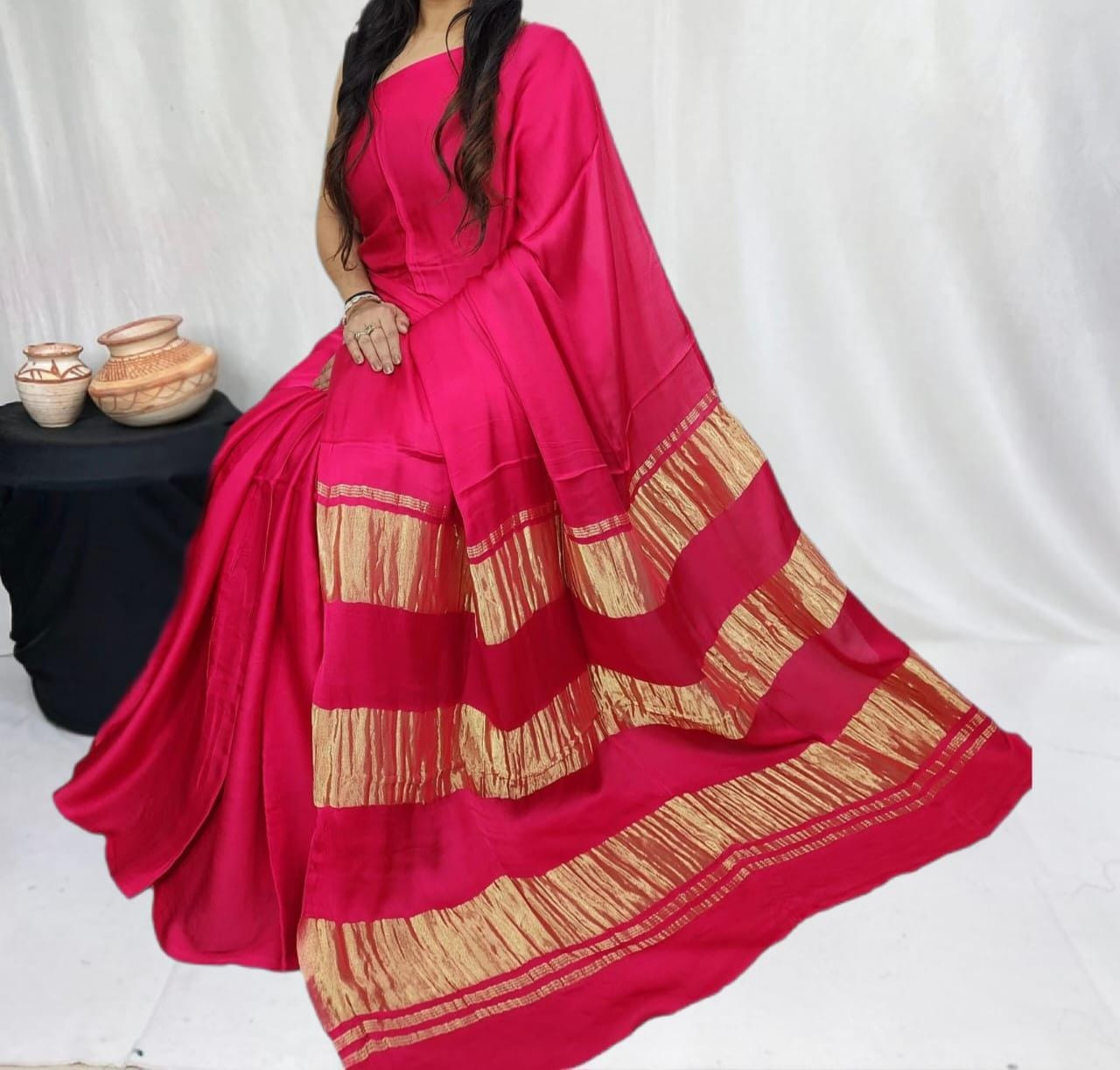 Magenta Pure Modal Silk Saree with 3 Lagdi Patta Tissue Pallu (Length-6.50 mtr with Width-46 inches)