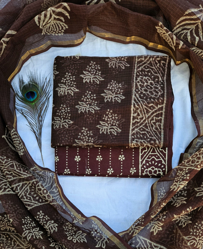 Brown Handblock Printed Cotton Kota Doria Suit 2.5m top & dupatta and 2.5m cotton cambric bottom