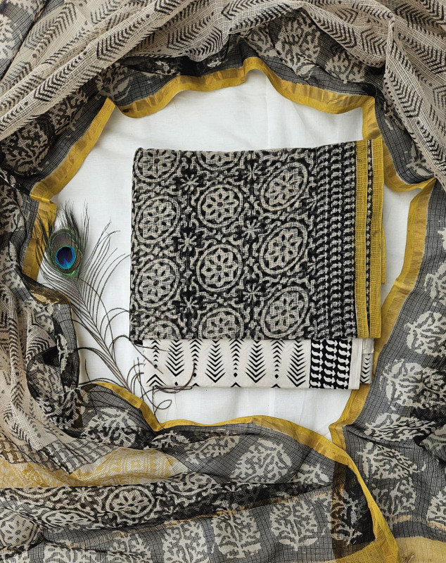 Black and White Handblock Printed Cotton Kota Doria Suit  2.5m top & dupatta and 2.5m cotton cambric bottom