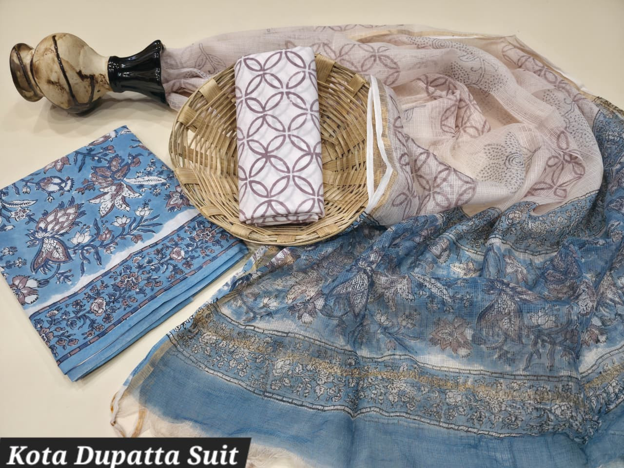 Blue and White Hand Block Printed Cotton Suit with Kota Doria Dupatta