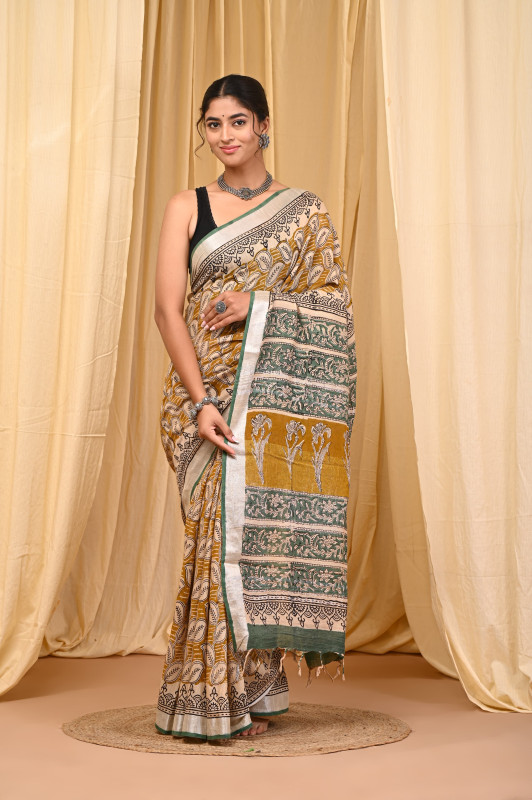 Mustard Yellow, Green, & Beige Hand Block Printed Linen Saree.