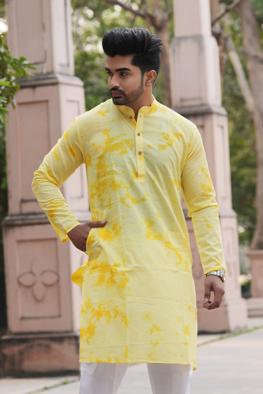 Yellow and White Tie-Dye Printed Cotton Men's Kurta