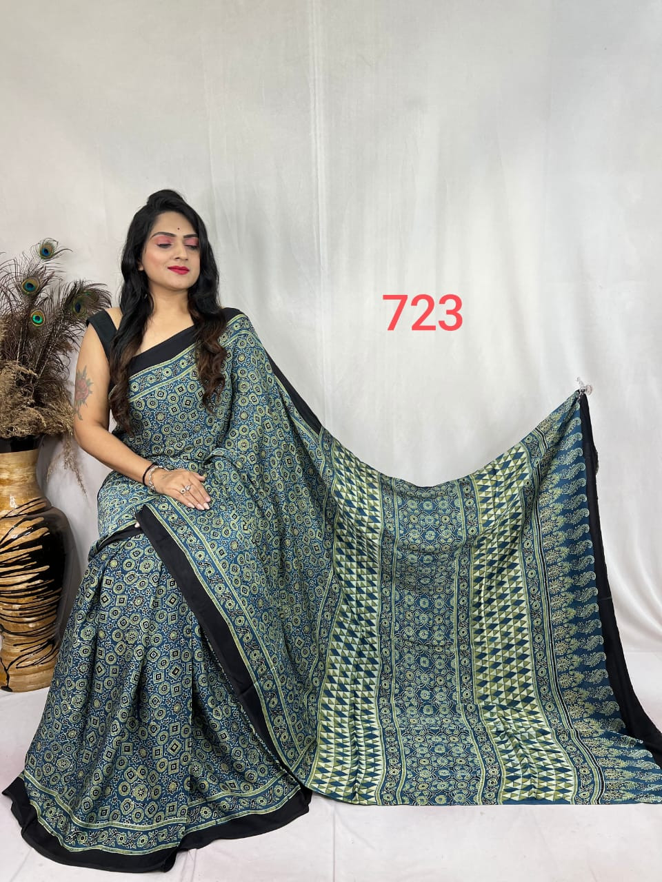 Teal Blue & Green Ajrakh Hand Block Print Modal Silk Saree.