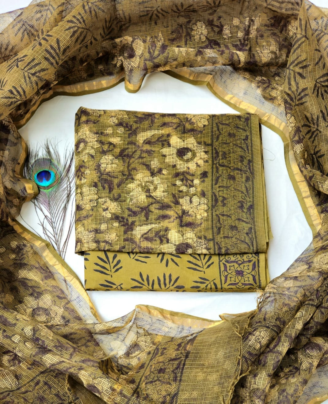 Olive Green and Brown Floral Handblock Printed Cotton Kota Doria Suit Set Suit 2.5m top & dupatta and 2.5m cotton cambric bottom