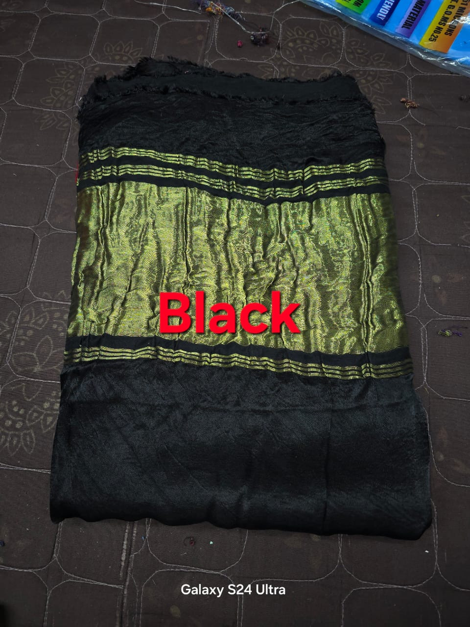 Midnight Black with a shimmering Gold border Modal silk plain daying saree