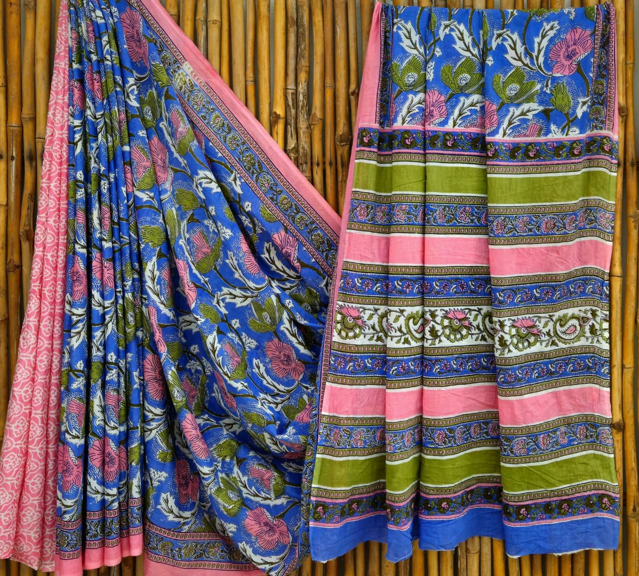Blue, Pink & Green Hand Block Printed 100% Pure Mulmul Cotton Saree (6.5 Mtrs, 92*80)