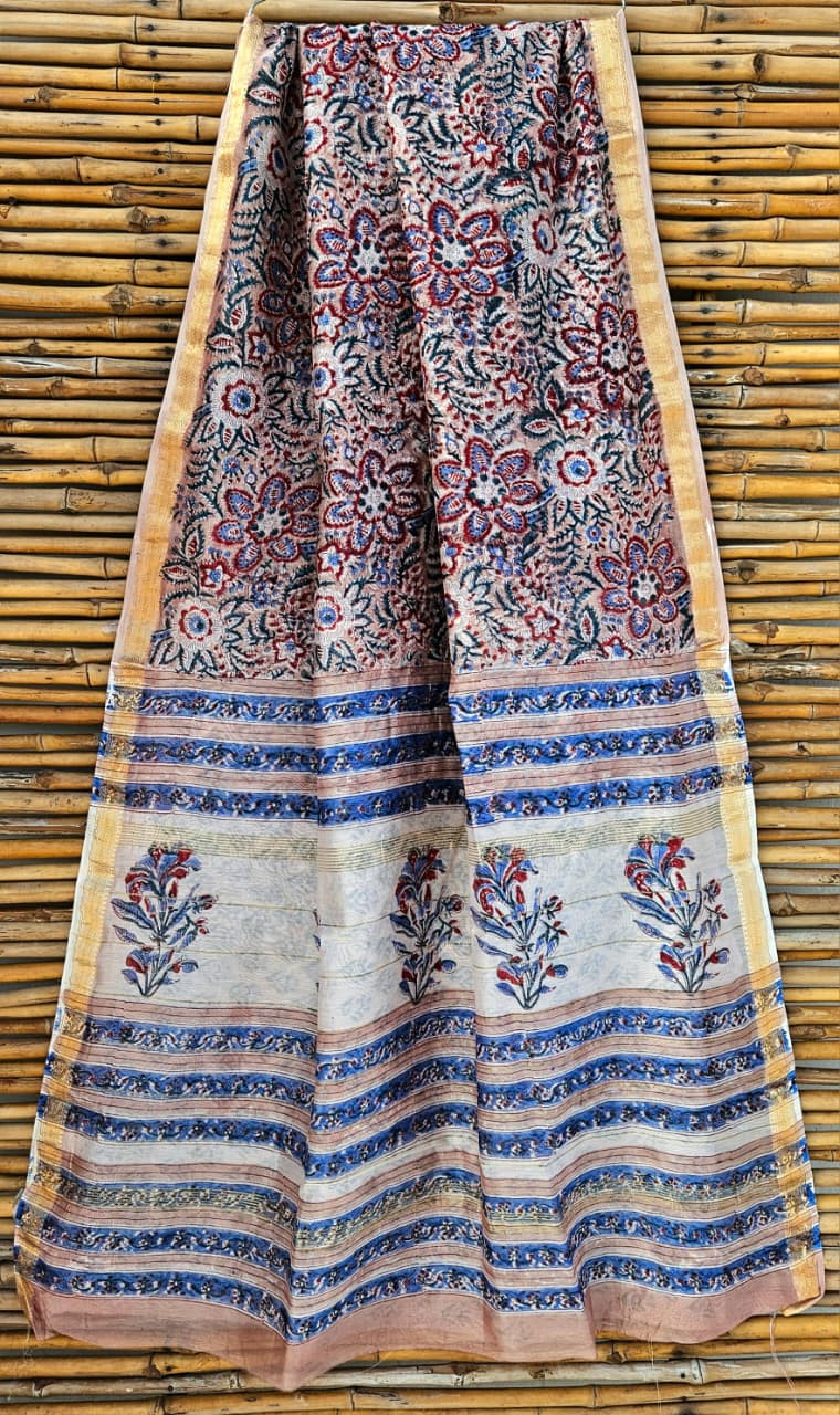 White-based Maheshwari silk cotton blend hand block print saree with red and blue floral motifs
