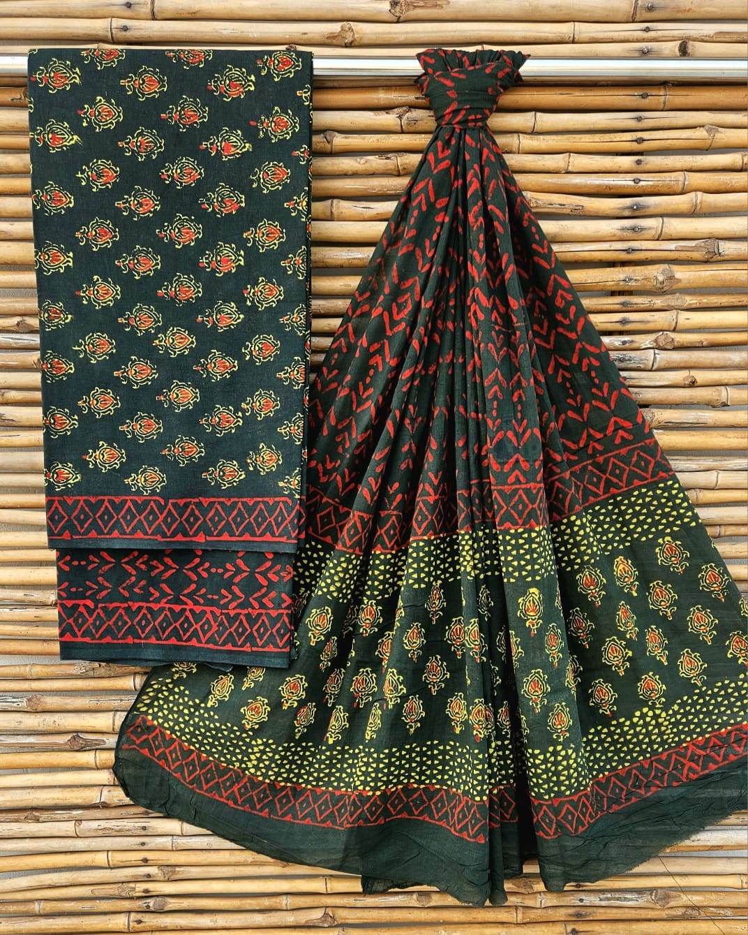 Jaipuri Hand-Block Print Cotton Suit Set in Dark Green & Red