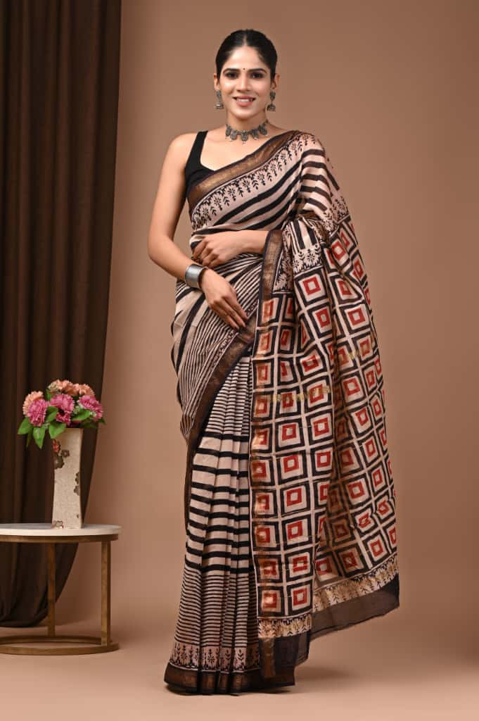 Beige and Black Maheshwari Silk Saree with Geometric and Striped Hand Block Prints.