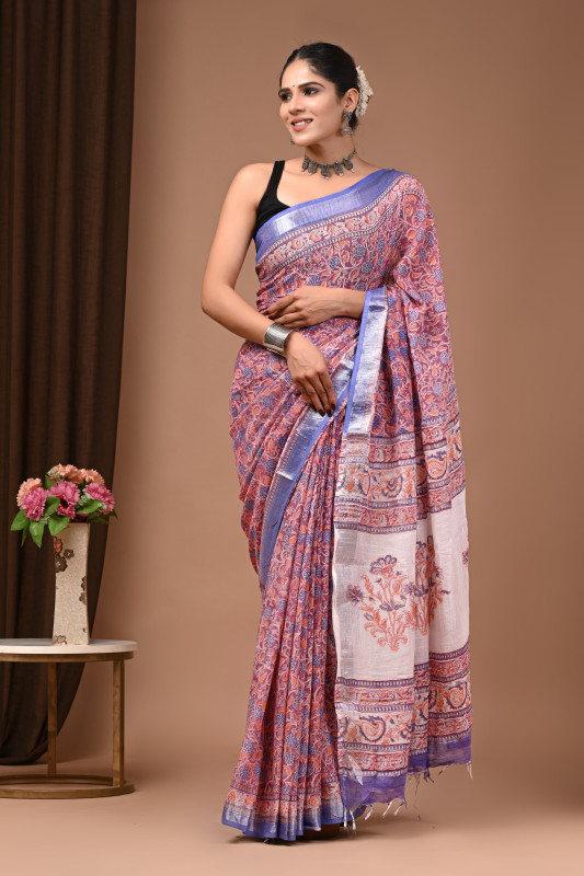 Pink and Blue Hand Block Printed Cotton Silk Saree