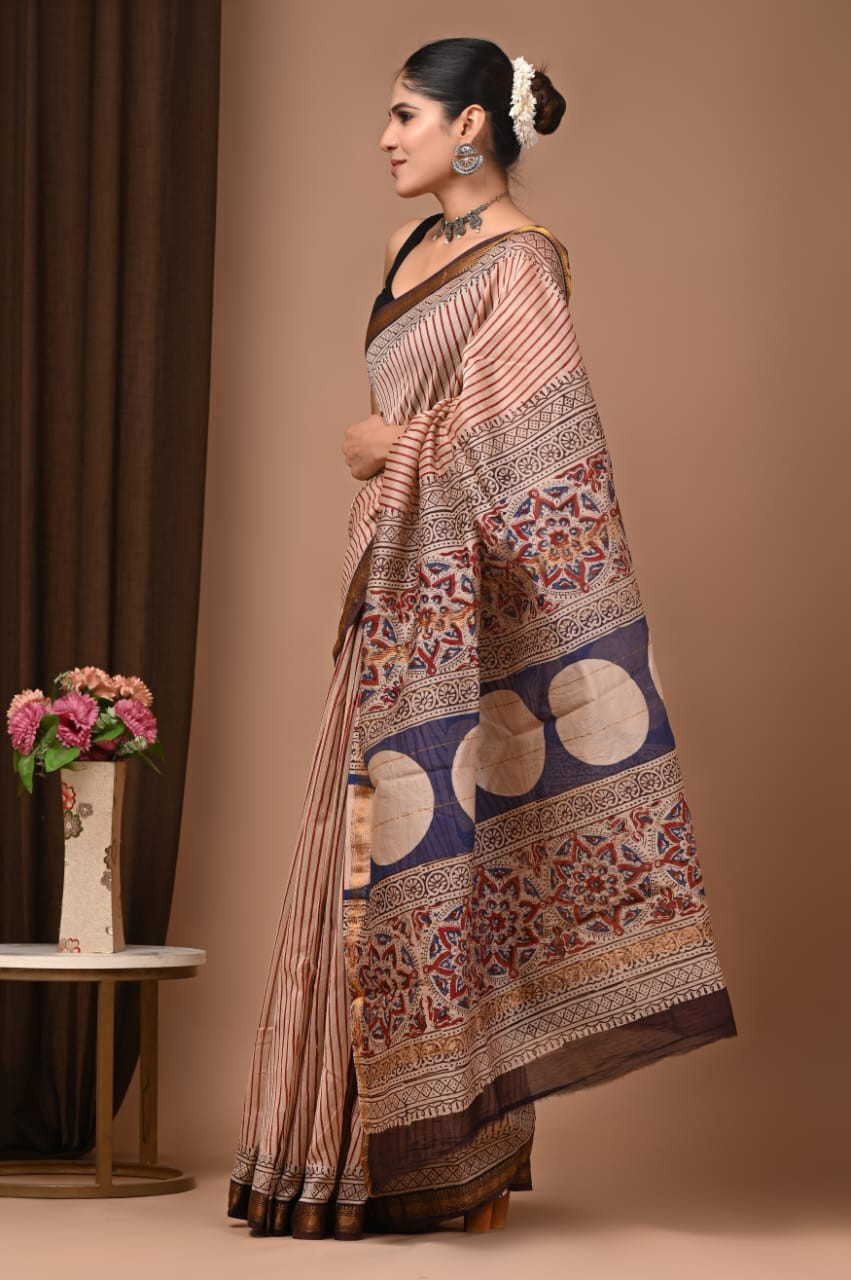 Beige, Red, and Blue Kalamkari/Block Print Cotton Saree