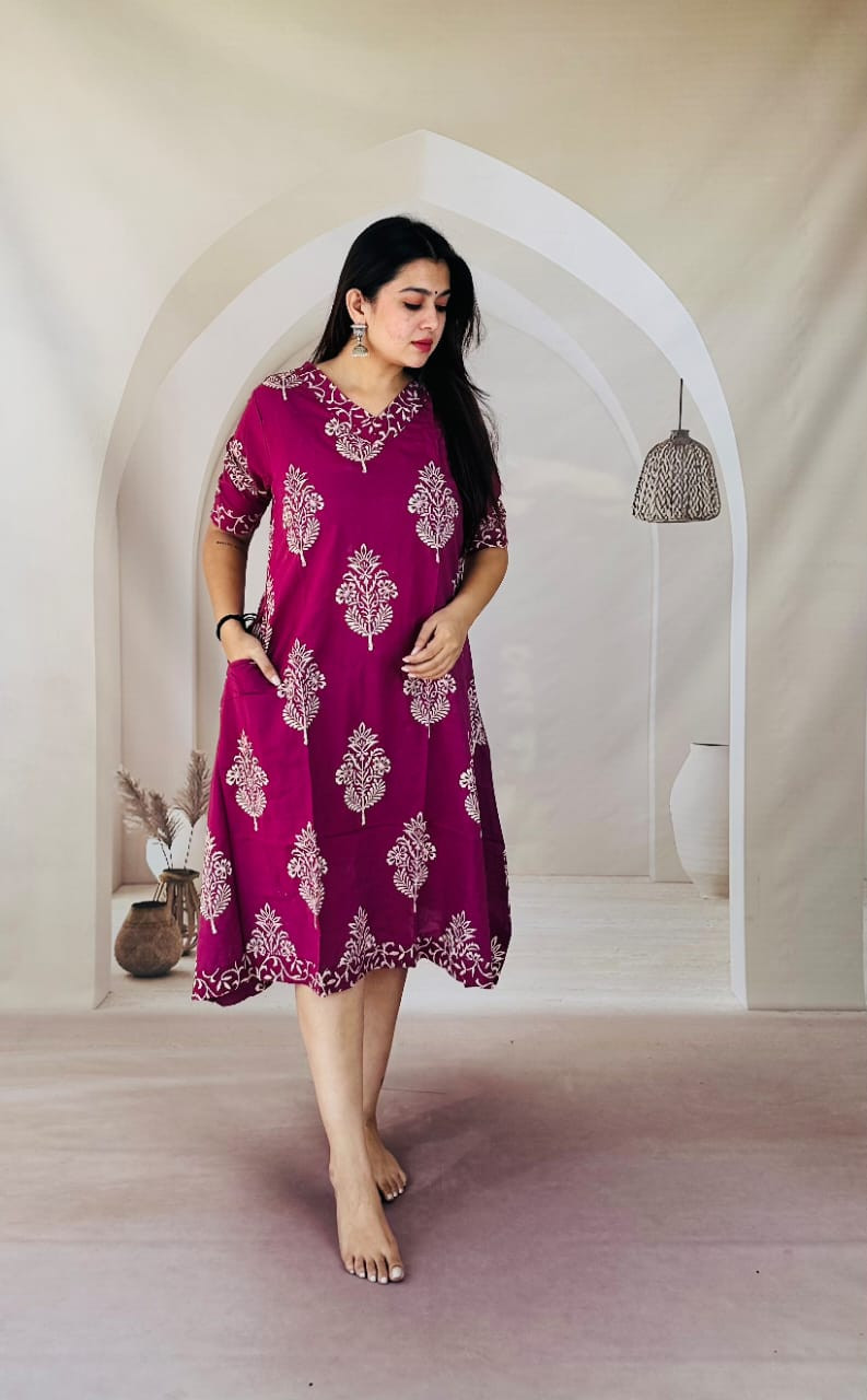 purple and white floral printed cotton kurti