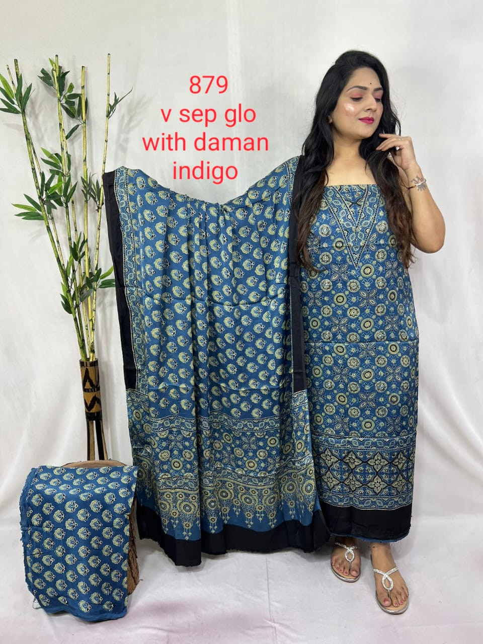 Indigo Ajrakh Hand Block Print saree Suit Bottom 2-5 miter ,Top 2-5 Miter ,Duppta 2-5 Miter.