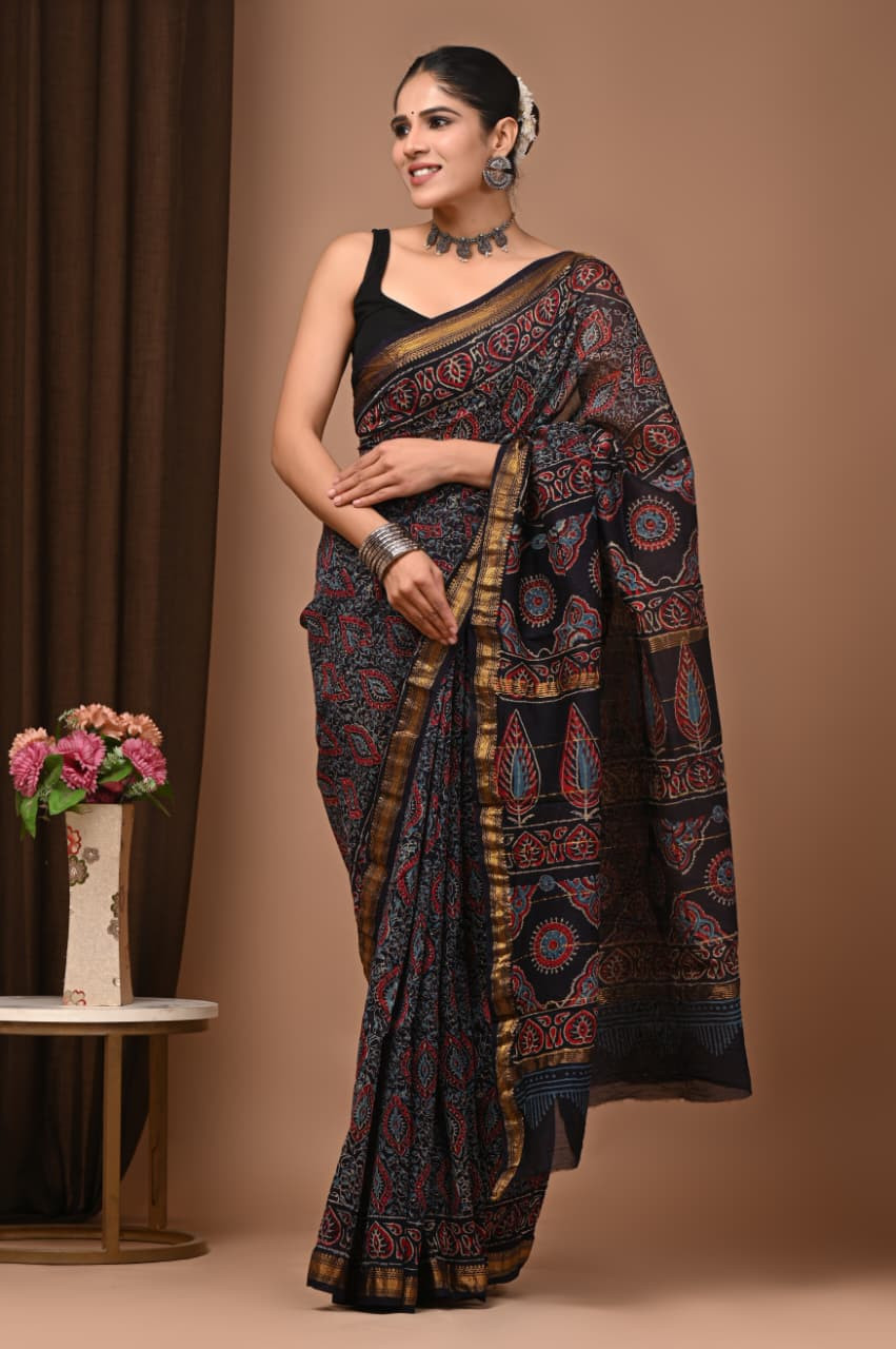 Black, Red, and Gold Ajrakh Hand-Block Printed Saree