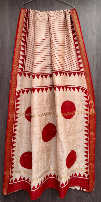 Ivory Cream & Deep Red Hand Block Printed Maheshwari Silk Saree with Blouse