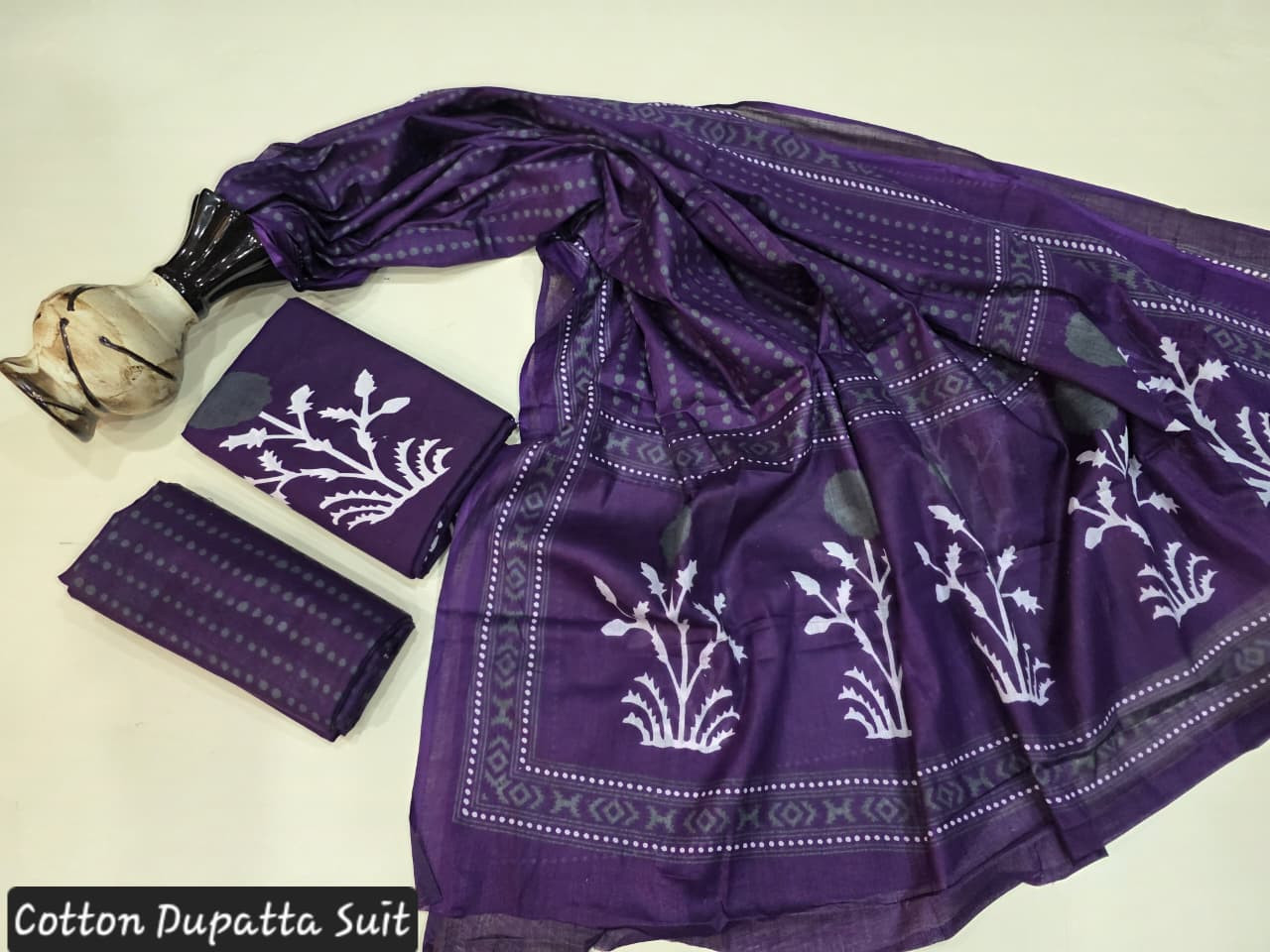 Purple and White Hand Block Printed Cotton Dupatta Suit.