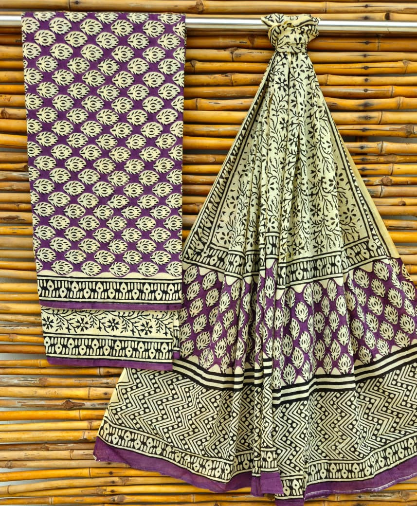 Elegant Purple and Cream Hand Block Print Cotton Suit Set