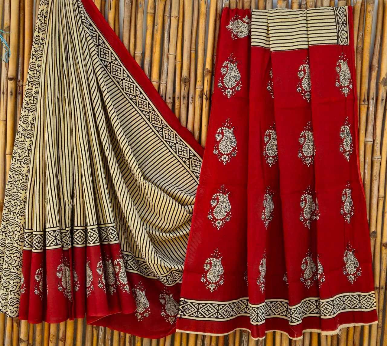 Red & Beige Hand Block Printed 100% Pure Mulmul Cotton Saree (6.5 Mtrs, 92*80)