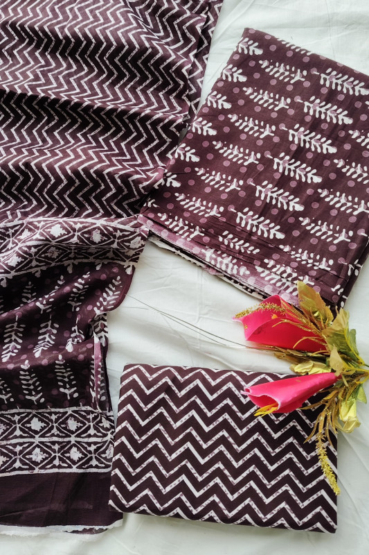 Maroon Dabu Hand Block Printed Cotton Unstitched Suit Set for Women 2.5 Mtr Top, 2.5 Mtr Bottom, and 2.5 Mtr Dupatta