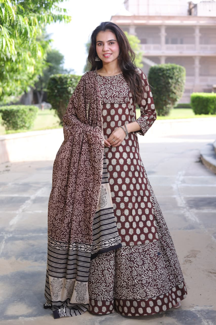 Maroon & Beige Hand Block Print Cotton Designer Long Kurta & Skirt with Dupatta