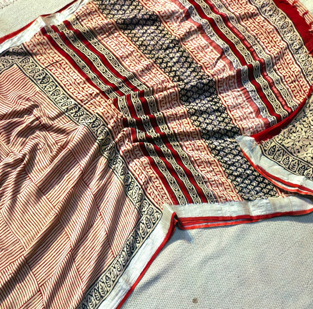 Bagru Handblock Printed Pure Modal Silk Saree With Blouse Piece