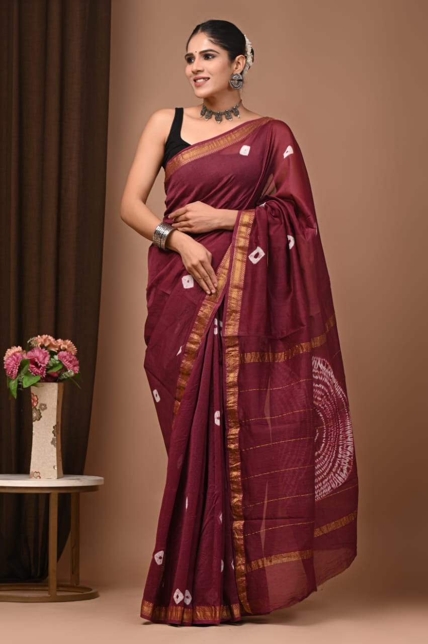 Maroon Hand Block Printed Maheshwari Silk Saree
