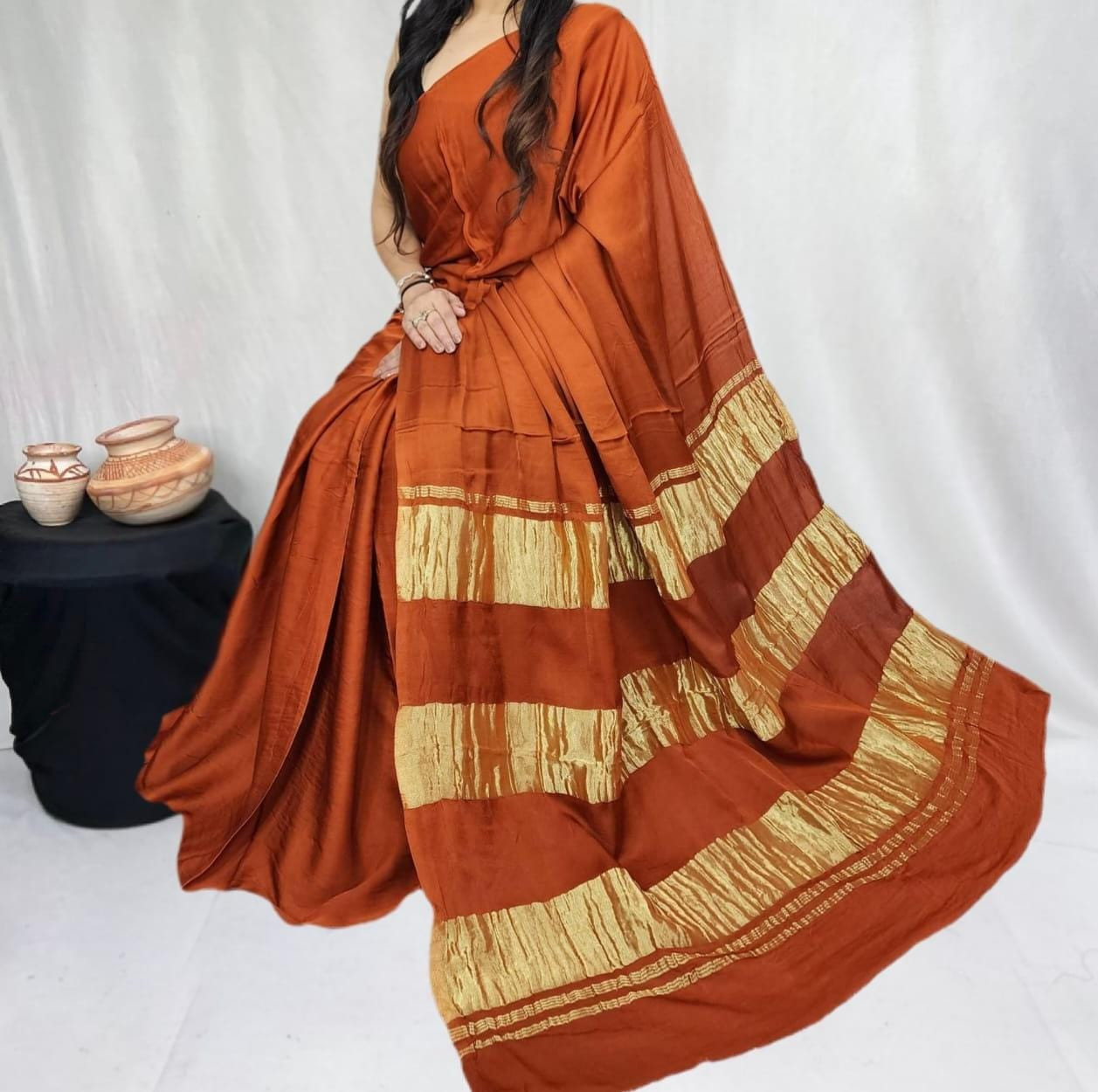 Rust Pure Modal Silk Saree with 3 Lagdi Patta Tissue Pallu (Length-6.50 mtr with Width-46 inches)