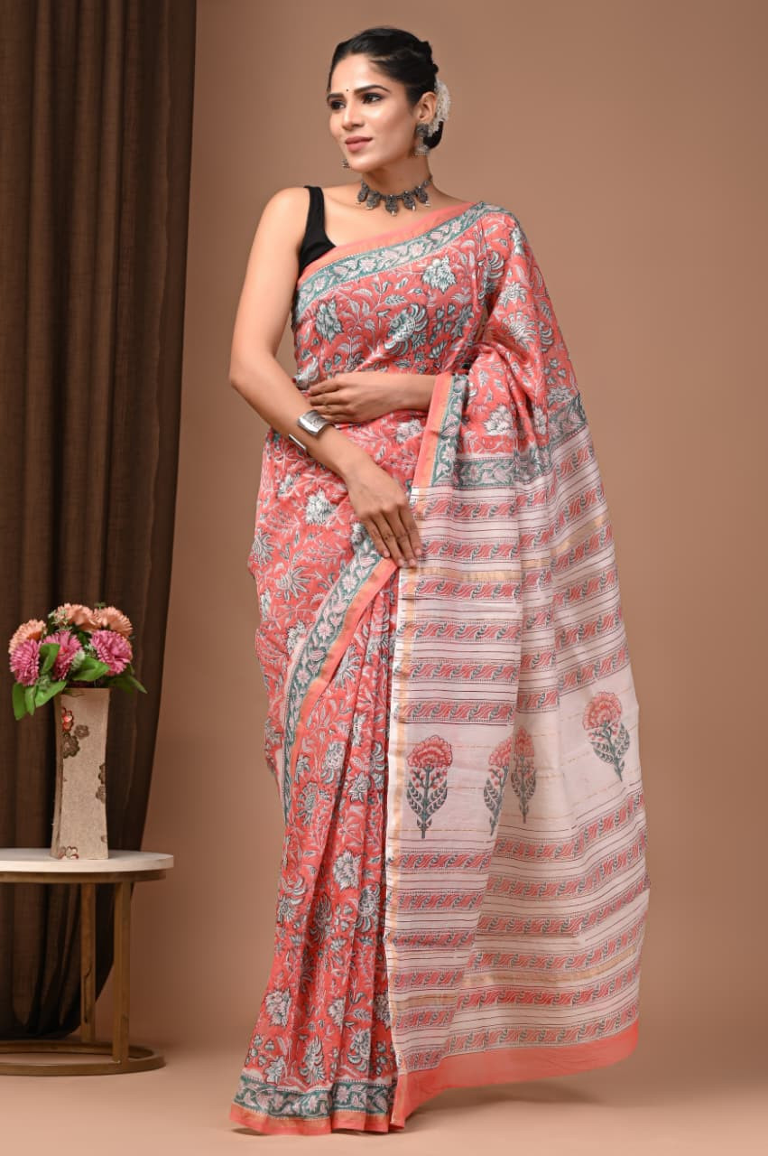 Ocean Blossom: Hand-Block Printed Maheshwari Silk-Cotton Saree in Sky Blue & Pink