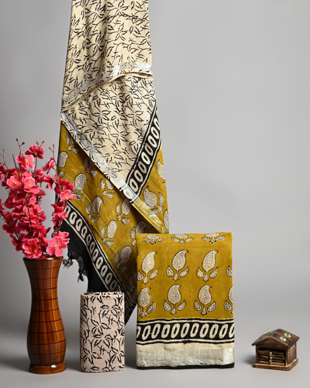 Mustard Yellow and Black Hand Block Printed Cotton Suit Set