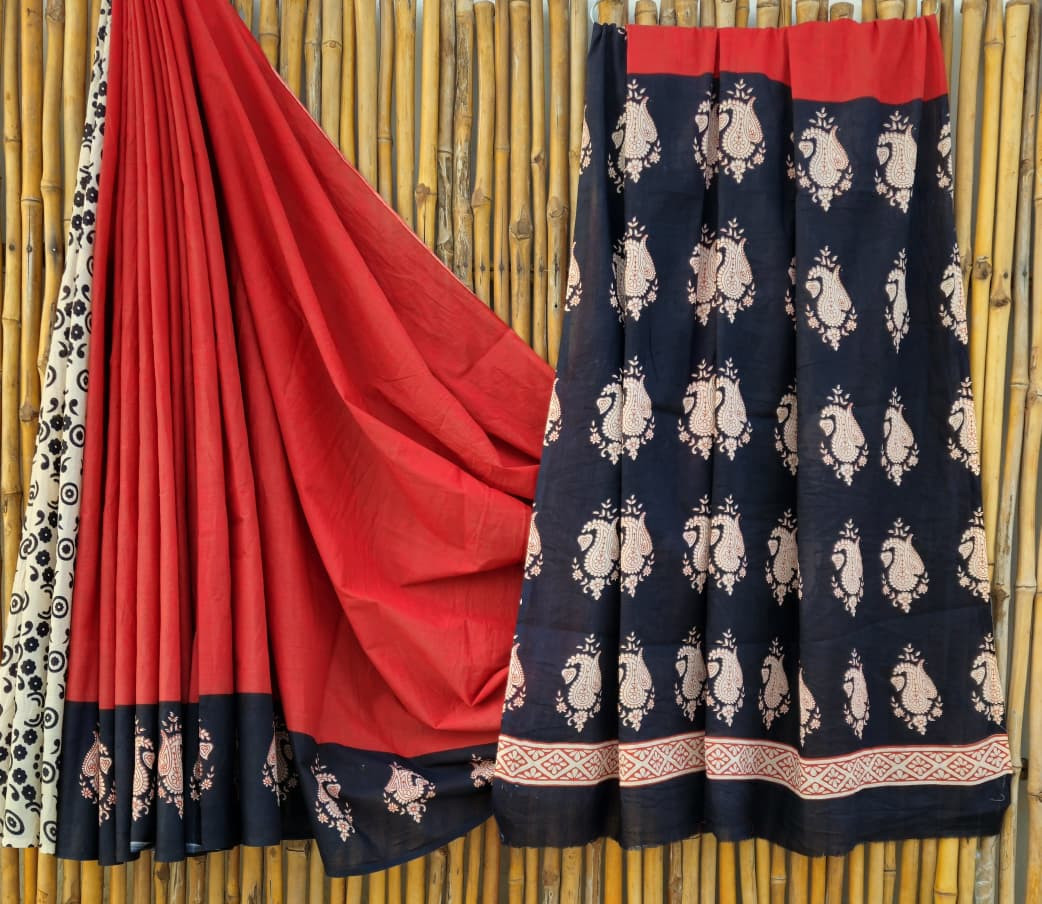 Red & Black Kalamkari Hand-Block Printed Mulmul Cotton Saree with Blouse (6.5 Meters, 92*80, 100% Pure Cotton Fabric)